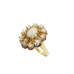 APPRAISED $1400- 14KT Yellow Gold Ring with 1 Oval Opal Center Stone (7x5) with a Opal Halo made up of 10 Round Opals