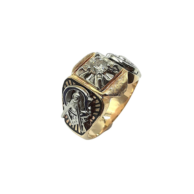 APPRAISED $2700- 14KT Yellow Gold Masonic Style Ring with 1 Round Brilliant Diamond -EST-.34CT (4.56X2.67)
