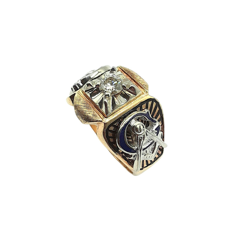 APPRAISED $2700- 14KT Yellow Gold Masonic Style Ring with 1 Round Brilliant Diamond -EST-.34CT (4.56X2.67)
