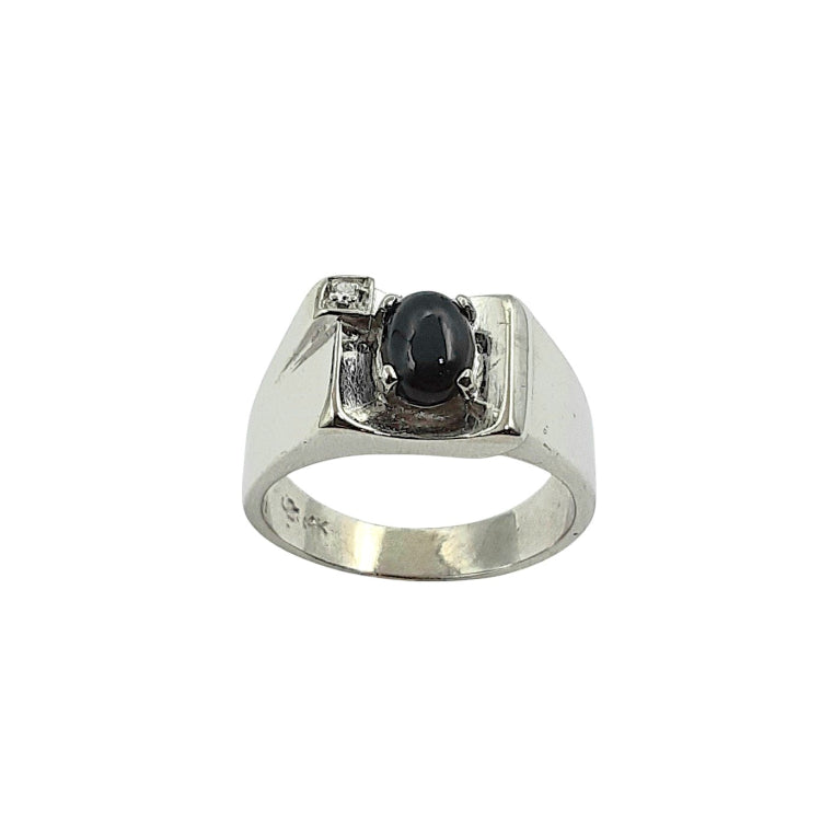 APPRAISED $1200- 14KT White Gold Gents Ring with 1 Single Cut Diamond -T-.01ct and 1 Oval Onyx (7x5)