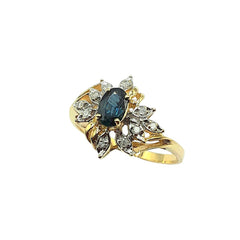APPRAISED $ 750- 14KT Yellow Gold Bypass Designed Ring with 10 Single Cut Diamonds -T-.10ct Set in a Flower Design with 1 Oval Sapphire Center Stone (6x4)