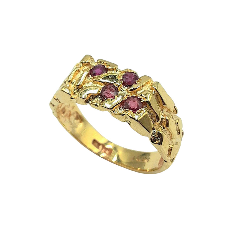APPRAISED $1300- 14KT Yellow Gold Nugget Ring with 4 Round Rubies (2.5MM)