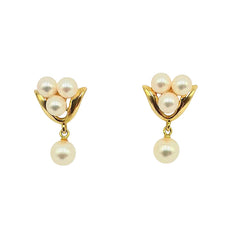 APPRAISED $900- 18KT Yellow Gold Dangle Earring with 8 Total Cultured Pearls ( 2-5.6MM & 6- 4.2MM)