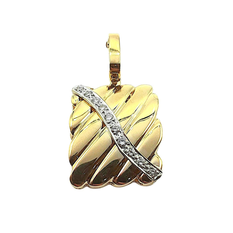 APPRAISED $2200- 14KT Yellow Gold Rectangle Shaped Ribbed Pendant with a Hinged Bail, a Figure 8 Catch and 10 Round Brilliant Diamonds -T-.21CT 