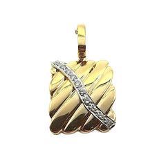 APPRAISED $2200- 14KT Yellow Gold Rectangle Shaped Ribbed Pendant with a Hinged Bail, a Figure 8 Catch and 10 Round Brilliant Diamonds -T-.21CT 