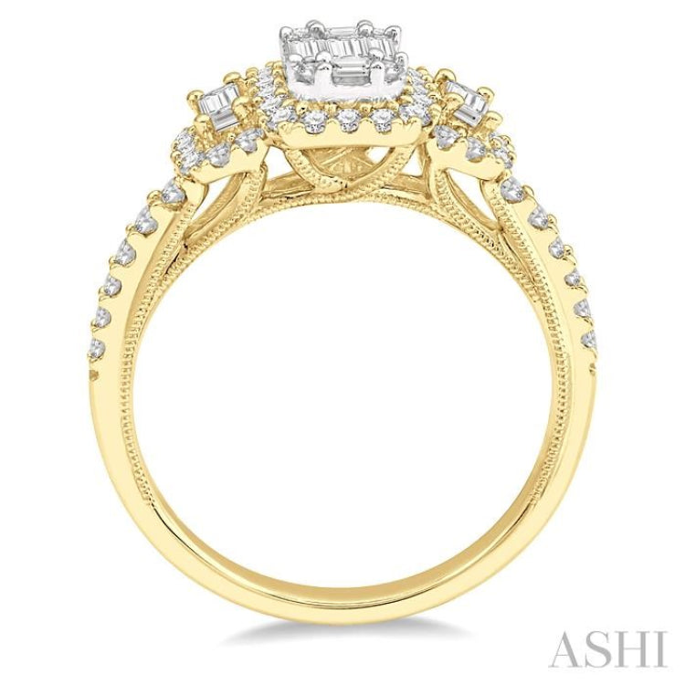 3/4 Ctw Layered Round Cut and Baguette Diamond Ring in 14K Yellow and white gold