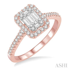 5/8 Ctw Emerald Shape Baguette and Round Cut Diamond Ring in 14K Rose and White Gold