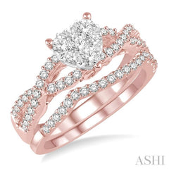 7/8 ctw Diamond Lovebright Wedding Set with 3/4 ctw Heart Shape Engagement Ring in Rose & White Gold and 1/6 ctw Wedding Band in Rose Gold 14K