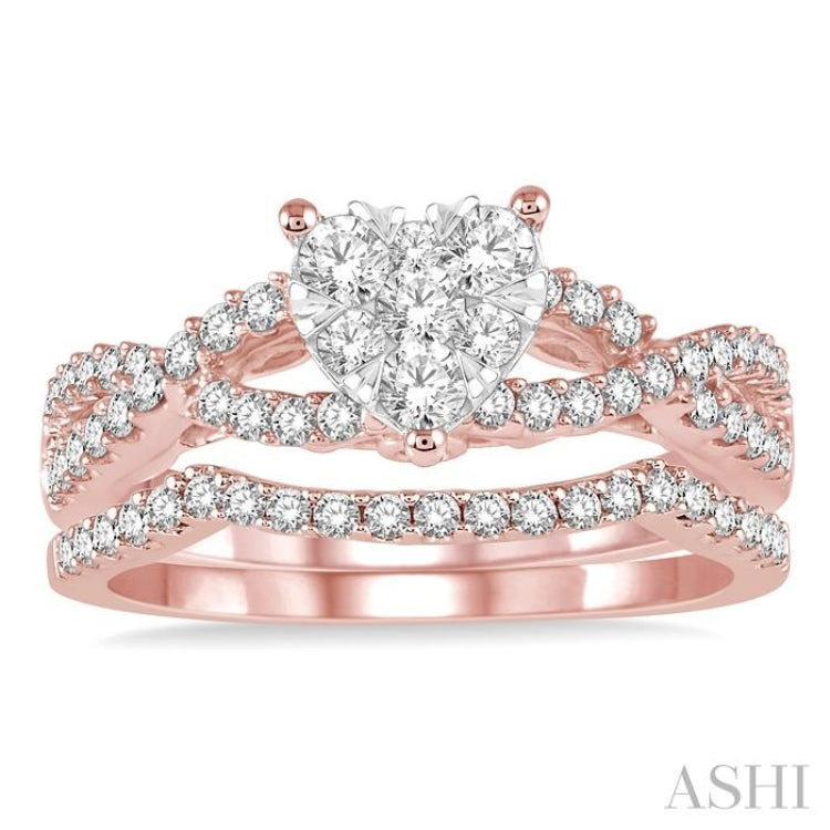 7/8 ctw Diamond Lovebright Wedding Set with 3/4 ctw Heart Shape Engagement Ring in Rose & White Gold and 1/6 ctw Wedding Band in Rose Gold 14K