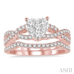 7/8 ctw Diamond Lovebright Wedding Set with 3/4 ctw Heart Shape Engagement Ring in Rose & White Gold and 1/6 ctw Wedding Band in Rose Gold 14K