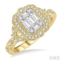 5/8 ctw Intricate lattice Baguette and Round Cut Diamond Ring in 14K Yellow and White gold