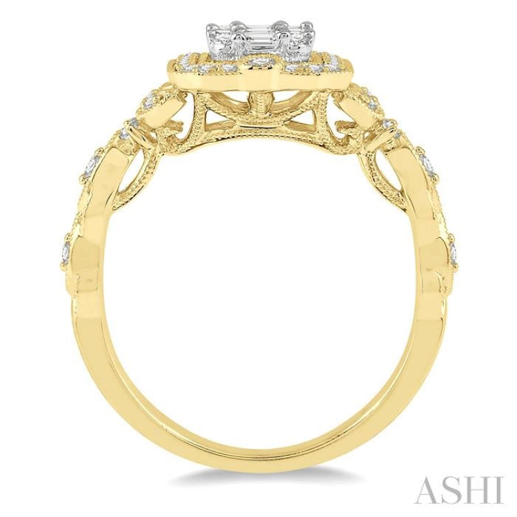 5/8 ctw Intricate lattice Baguette and Round Cut Diamond Ring in 14K Yellow and White gold