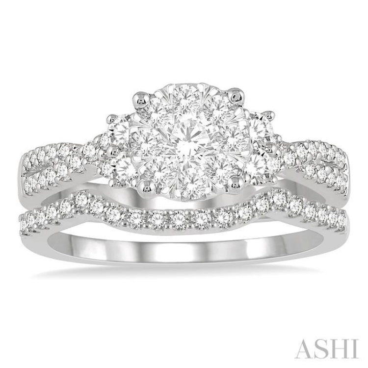 7/8 Ctw Lovebright Round Cut Diamond Wedding Set With 3/4 Ctw Criss-Cross Shank Engagement Ring and 1/6 Ctw Arched Wedding Band in 14K White Gold