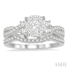 7/8 Ctw Lovebright Round Cut Diamond Wedding Set With 3/4 Ctw Criss-Cross Shank Engagement Ring and 1/6 Ctw Arched Wedding Band in 14K White Gold
