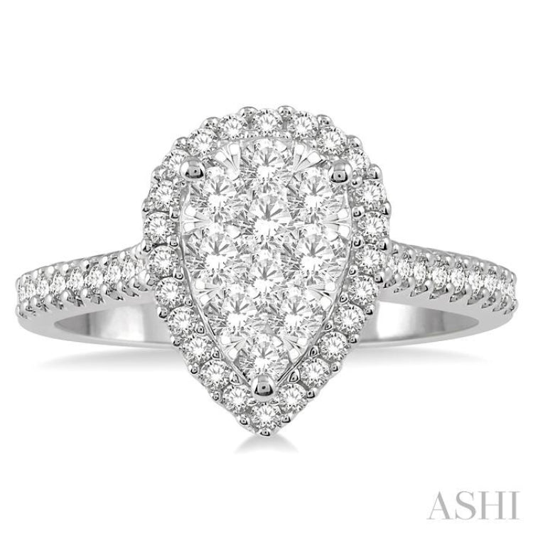 3/4 ctw Pear Shape Round Cut Diamond Lovebright Cluster Ring in 14K White and Rose Gold
