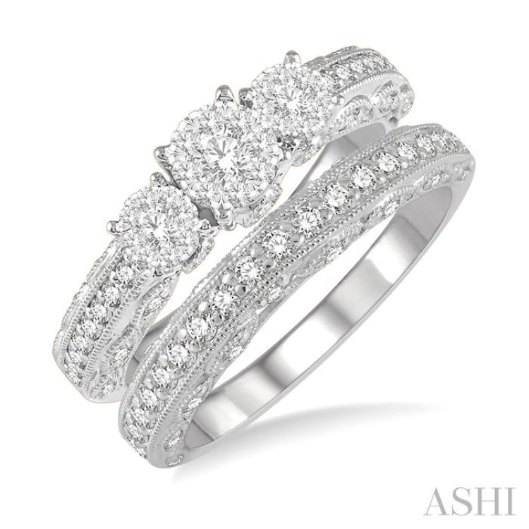 1 Ctw Lovebright Round Cut Diamond Wedding Set With 1/2 Ctw Tri-Mount Engagement Ring and 3/8 Ctw Lattice Wedding Band in 14K White Gold