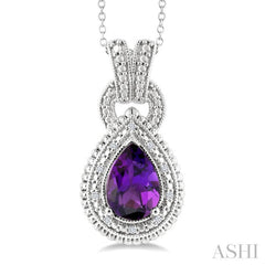10X7 MM Pear Cut Amethyst and 1/20 Ctw Round Cut Diamond Semi-Precious Pendant With Chain in Sterling Silver