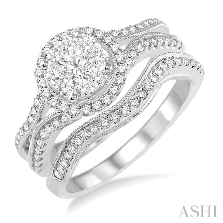 7/8 ctw Diamond Wedding Set with 3/4 ctw Lovebright Round Cut Engagement Ring and 1/6 ctw Wedding Band in 14K White Gold