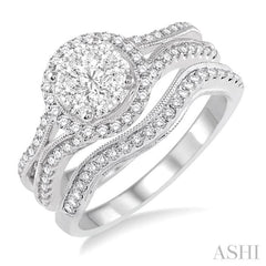 7/8 ctw Diamond Wedding Set with 3/4 ctw Lovebright Round Cut Engagement Ring and 1/6 ctw Wedding Band in 14K White Gold