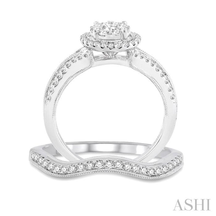 7/8 ctw Diamond Wedding Set with 3/4 ctw Lovebright Round Cut Engagement Ring and 1/6 ctw Wedding Band in 14K White Gold