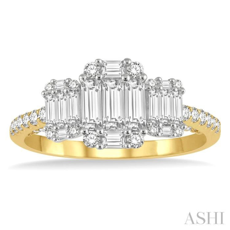 7/8 Ctw Tri-Mount Fusion Baguette and Round Cut Diamond Engagement Ring in 14K Yellow and White Gold