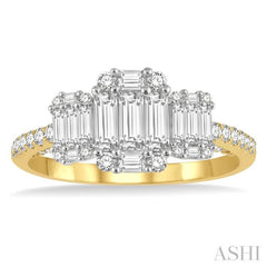 7/8 Ctw Tri-Mount Fusion Baguette and Round Cut Diamond Engagement Ring in 14K Yellow and White Gold