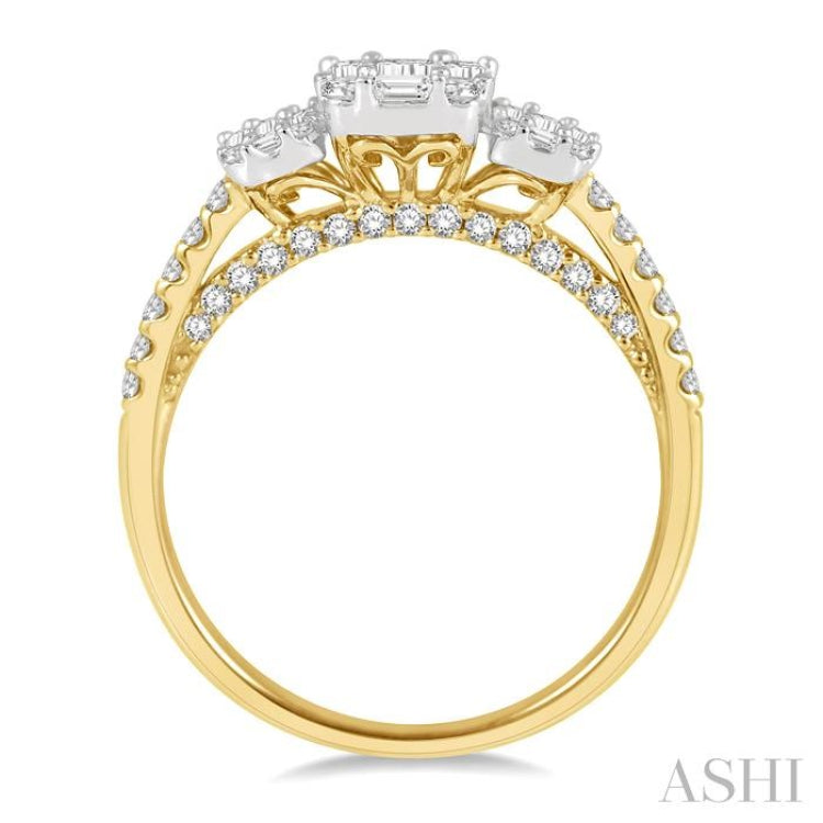 7/8 Ctw Tri-Mount Fusion Baguette and Round Cut Diamond Engagement Ring in 14K Yellow and White Gold