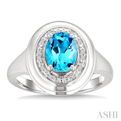 8x6 MM Oval Shape Blue Topaz and 1/20 Ctw Round Cut Diamond Semi-precious Ring in Sterling Silver