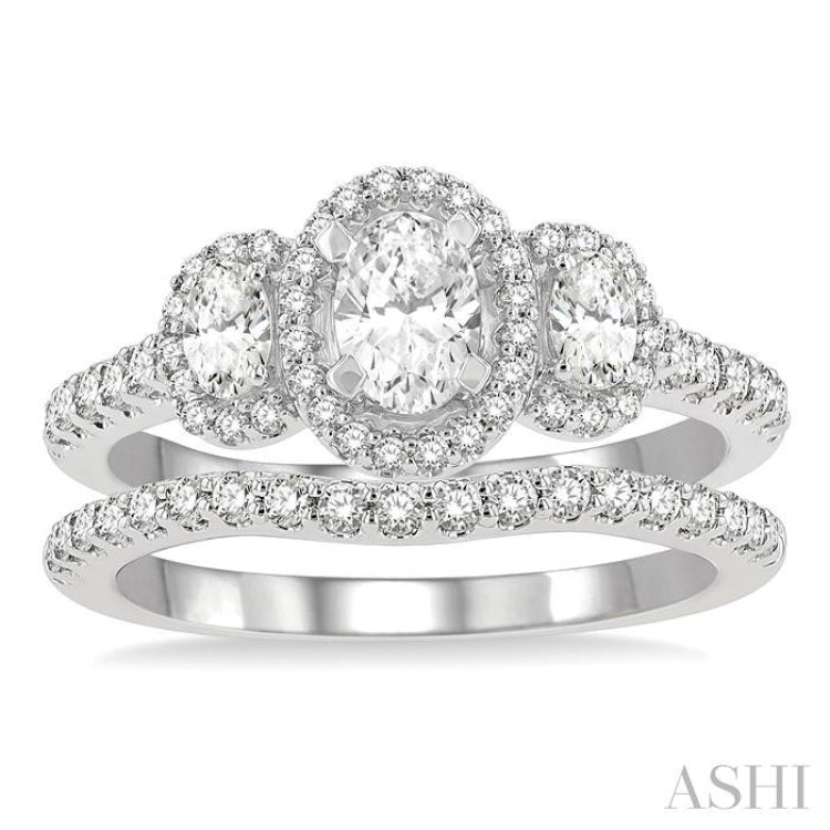 1 1/4 Ctw Diamond Wedding Set With 1 Ct Triple Oval Shape Past, Present & Future Engagement Ring and 1/4 Ct Curved Wedding Band in 14K White Gold