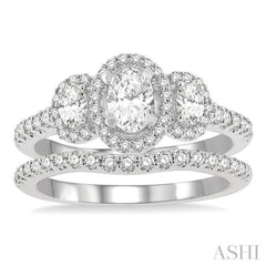 1 1/4 Ctw Diamond Wedding Set With 1 Ct Triple Oval Shape Past, Present & Future Engagement Ring and 1/4 Ct Curved Wedding Band in 14K White Gold