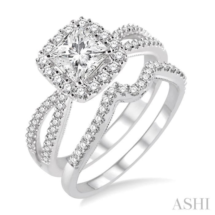 5/8 ctw Diamond Wedding Set with 1/2 ctw Princess Cut Engagement Ring and 1/6 ctw Wedding Band in 14K White Gold