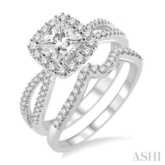 5/8 ctw Diamond Wedding Set with 1/2 ctw Princess Cut Engagement Ring and 1/6 ctw Wedding Band in 14K White Gold
