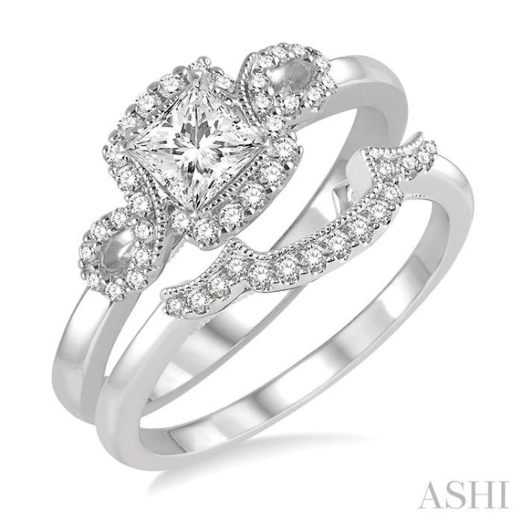 1/2 ctw Diamond Wedding Set with 3/8 ctw Princess Cut Engagement Ring and 1/10 ctw Wedding Band in 14K White Gold