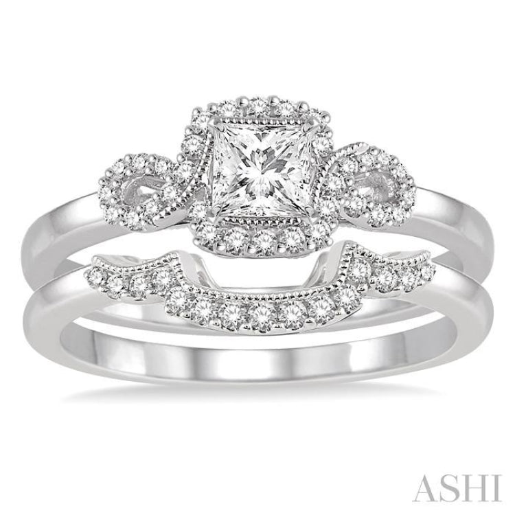 1/2 ctw Diamond Wedding Set with 3/8 ctw Princess Cut Engagement Ring and 1/10 ctw Wedding Band in 14K White Gold