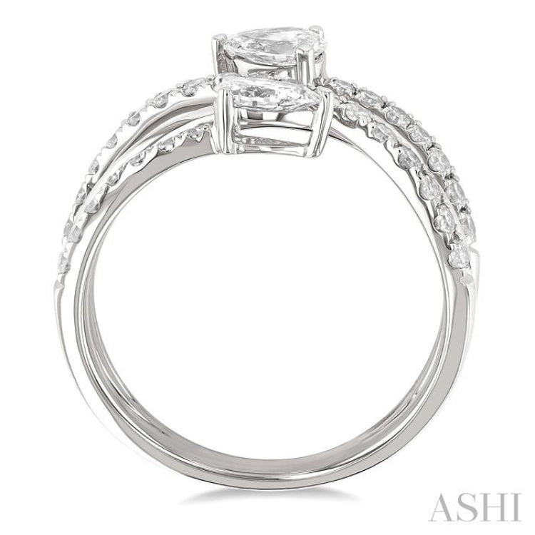 1.00 Ctw East West Pear and Round Cut Diamond Split Open-End Fashion Ring in 14K White Gold