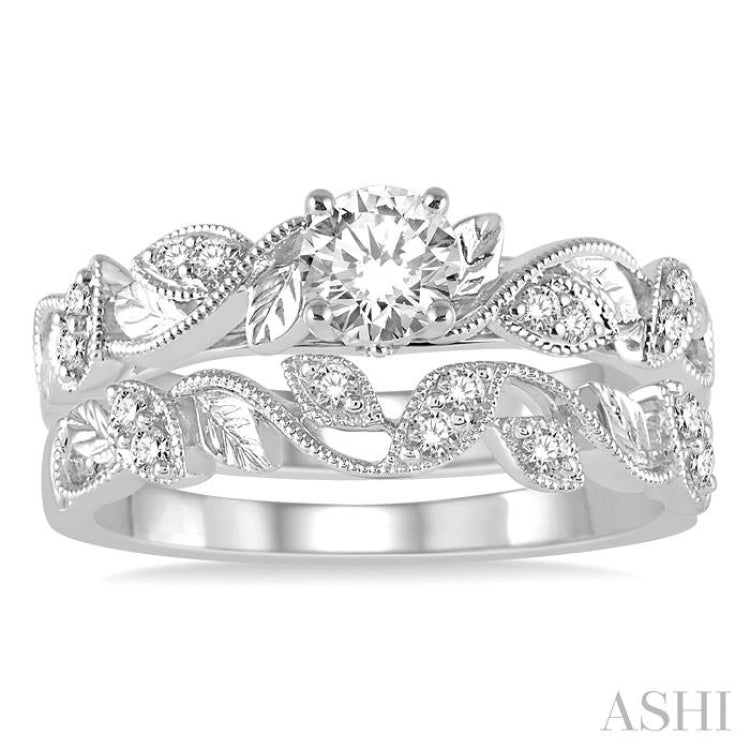 3/8 Ctw Diamond Wedding Set With 1/3 Ctw Round Center Diamond Leaf Motif Engagement Ring and 1/10 Ctw Leaf Motif Wedding Band in 14K White Gold