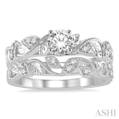 3/8 Ctw Diamond Wedding Set With 1/3 Ctw Round Center Diamond Leaf Motif Engagement Ring and 1/10 Ctw Leaf Motif Wedding Band in 14K White Gold