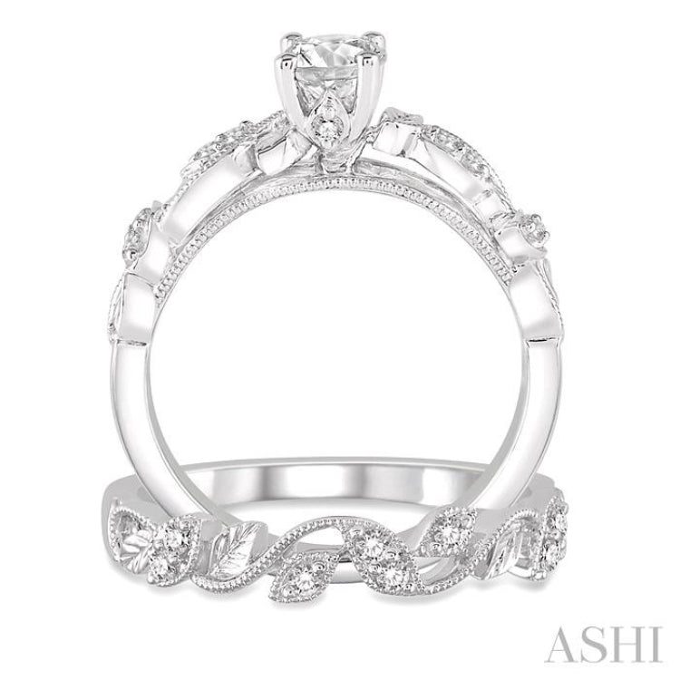 3/8 Ctw Diamond Wedding Set With 1/3 Ctw Round Center Diamond Leaf Motif Engagement Ring and 1/10 Ctw Leaf Motif Wedding Band in 14K White Gold