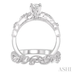 3/8 Ctw Diamond Wedding Set With 1/3 Ctw Round Center Diamond Leaf Motif Engagement Ring and 1/10 Ctw Leaf Motif Wedding Band in 14K White Gold