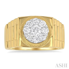 1 Ctw Flat Top Lovebright Round Cut Diamond Men's Ring in 10K Yellow and White Gold