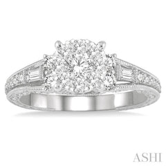 7/8 ctw Circular Mount Lovebright Round Cut and Baguette Diamond Engagement Ring in 14K White Gold