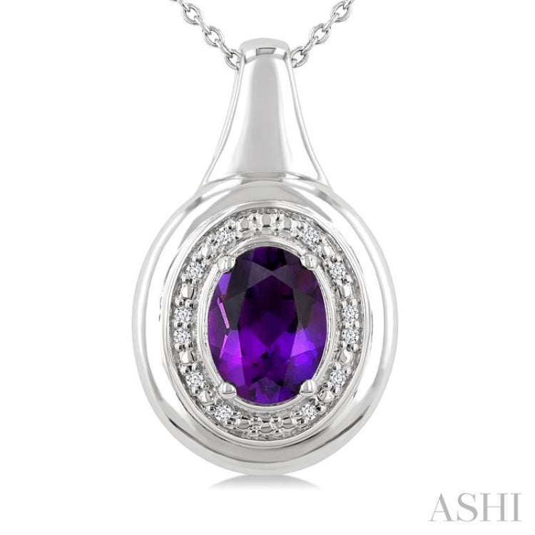 8X6 MM Oval Shape Amethyst and 1/20 Ctw Single Cut Diamond Semi-precious Pendant With Chain in Sterling Silver