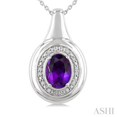 8X6 MM Oval Shape Amethyst and 1/20 Ctw Single Cut Diamond Semi-precious Pendant With Chain in Sterling Silver