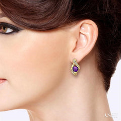 6x6 MM Heart Shape Amethyst and 1/20 Ctw Single Cut Diamond Semi-Precious Earrings in 14K Yellow Gold