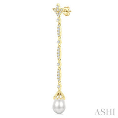 9X7 MM Marquise Link Teardrop Cultured Pearl and 1/2 Ctw Round Cut Diamond Long Earrings in 14K Yellow Gold