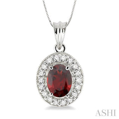 8x6 MM Oval Cut Garnet and 1/3 Ctw Round Cut Diamond Pendant in 14K White Gold with Chain