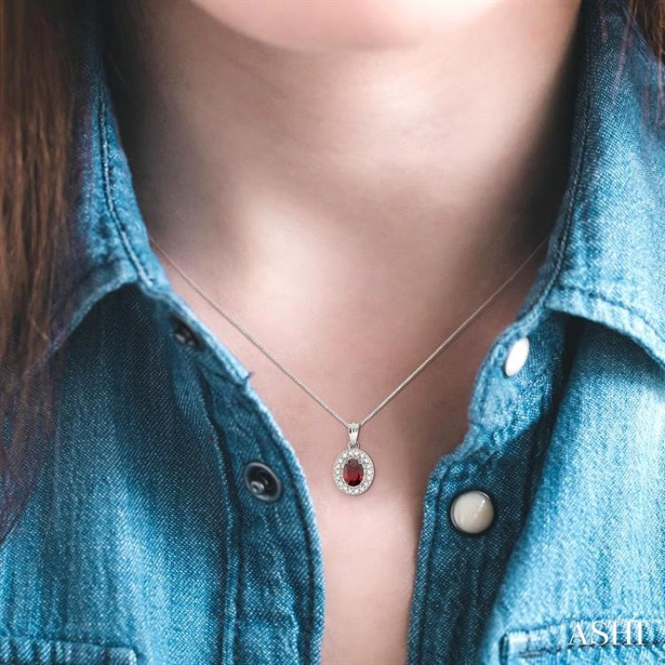 8x6 MM Oval Cut Garnet and 1/3 Ctw Round Cut Diamond Pendant in 14K White Gold with Chain