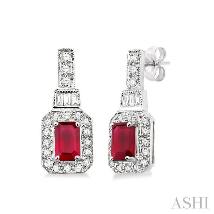 5x3 MM Emerald Shape Ruby and 1/4 ctw Round and Baguette Cut Diamond Earrings in 14K White Gold