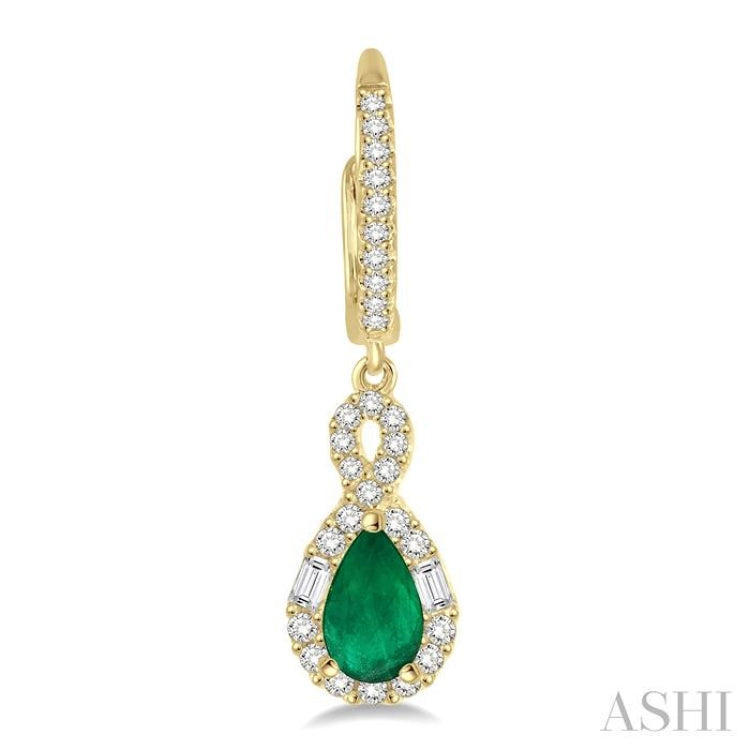 6x4 MM Pear Cut Emerald and 1/2 Ctw Round Cut Diamond Precious Earrings in 14K Yellow Gold