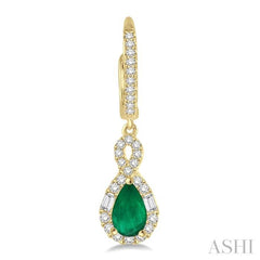 6x4 MM Pear Cut Emerald and 1/2 Ctw Round Cut Diamond Precious Earrings in 14K Yellow Gold